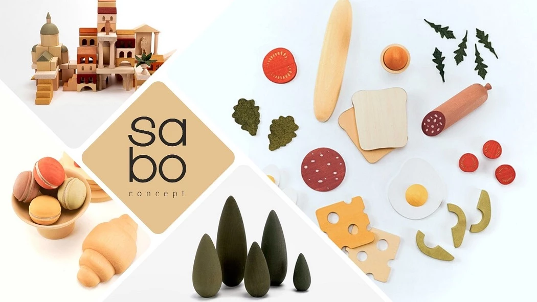 Sabo Concept fajátékok - építők, ételek, sütemények, természetes színek.